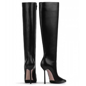 Bota Cano Alto Feminina Salto Fino em Couro Preto