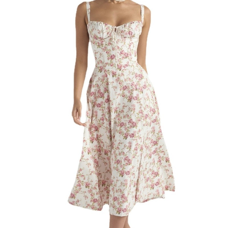 Vestido Midi Corset com Decote Franzido e Saia Ampla – Elegância Atemporal