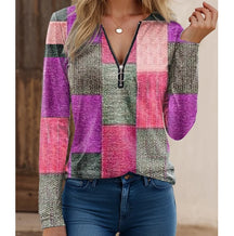 Blusa Feminina de Primavera e Outono com Zíper e Decote em V - Manga Longa - Solta e Confortável - Le Vie