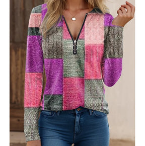 Blusa Feminina de Primavera e Outono com Zíper e Decote em V - Manga Longa - Solta e Confortável - Le Vie