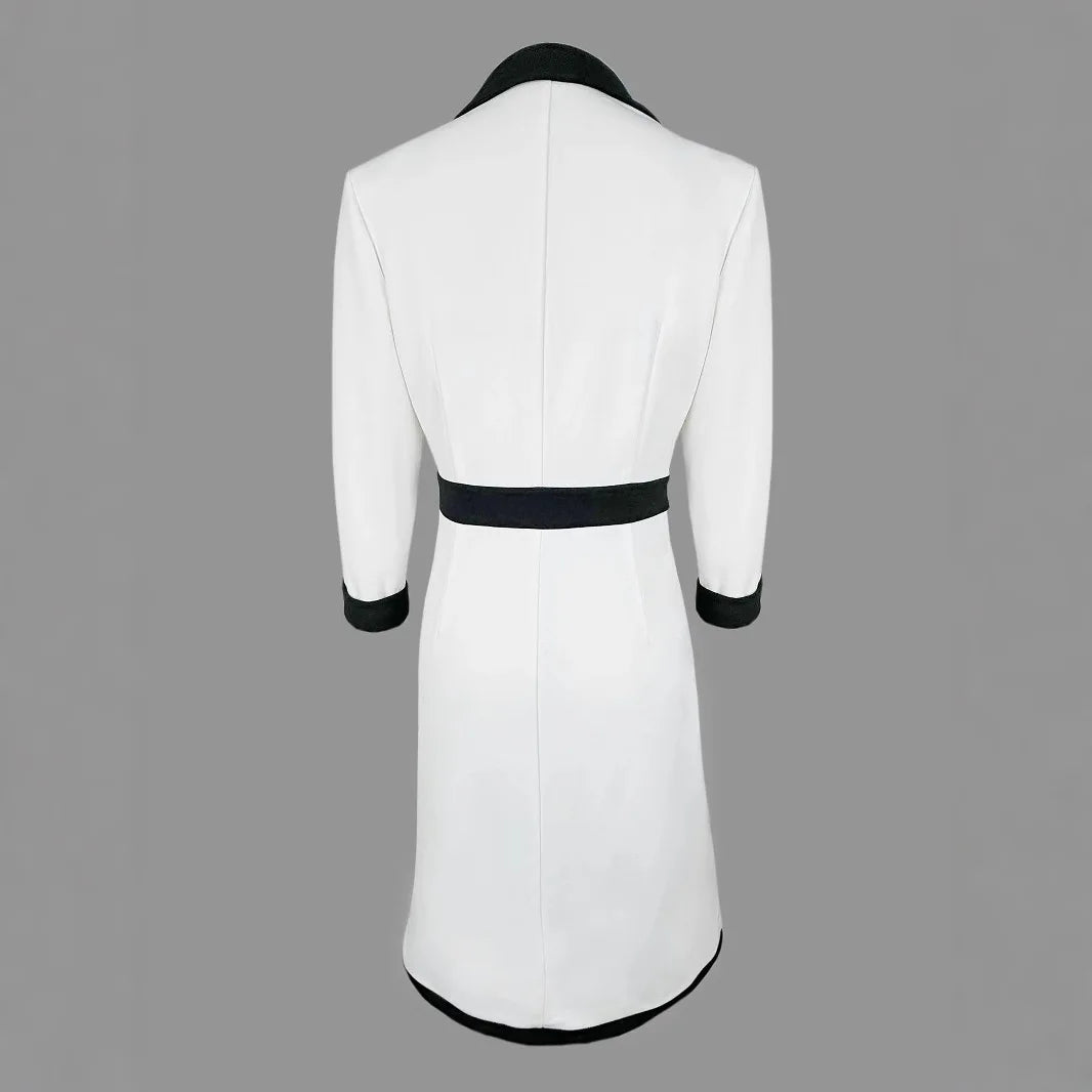 Vestido Feminino Linha A de Manga Longa com Color Block e Decote em V para Escritório e Ocasiões Especiais – Le Vie