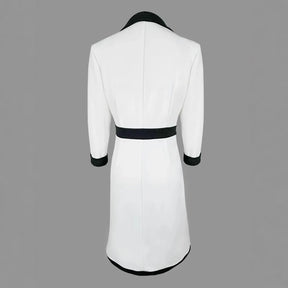 Vestido Feminino Linha A de Manga Longa com Color Block e Decote em V para Escritório e Ocasiões Especiais – Le Vie