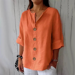 Camisa Feminina Casual Solta de Algodão e Linho com Decote em V e Botões para Escritório e Verão – Le Vie
