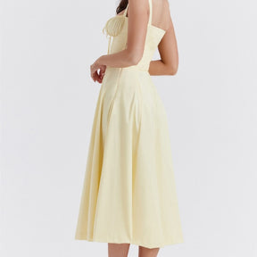 Vestido Midi Corset com Decote Franzido e Saia Ampla – Elegância Atemporal