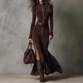 Vestido Longo Feminino Casual O-Pescoço em Camurça com Manga Longa - Lado Split e Cinto Tie-Up - Le Vie