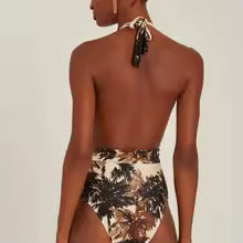 Maiô Feminino Floral Uma Peça Estilo Retrô com Decote V Profundo