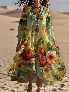 Vestido Feminino Boêmio Estampado de Manga Longa com Babado e Decote em V para Verão e Uso Casual – Le Vie