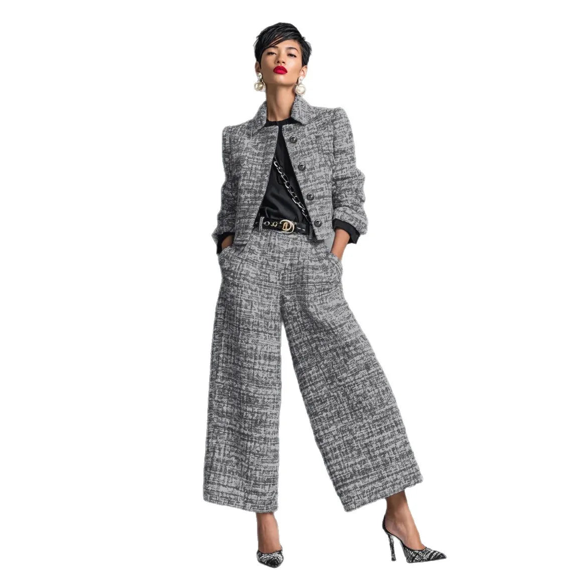 Conjunto Feminino de Jaqueta Curta e Calça Pantalona em Tecido Tweed Premium – Le Vie