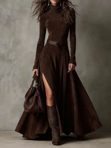 Vestido Feminino Longo de Manga Longa com Gola Alta e Fenda em Malha Premium – Le Vie