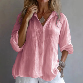 Blusa Feminina Casual de Manga Longa em Linho com Gola Virada e Corte Solto para Verão e Uso Diário – Le Vie