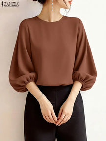 Blusa Feminina Elegante de Manga Lanterna 3/4 em Tecido Sólido para Escritório e Uso Casual Primavera Verão – Le Vie