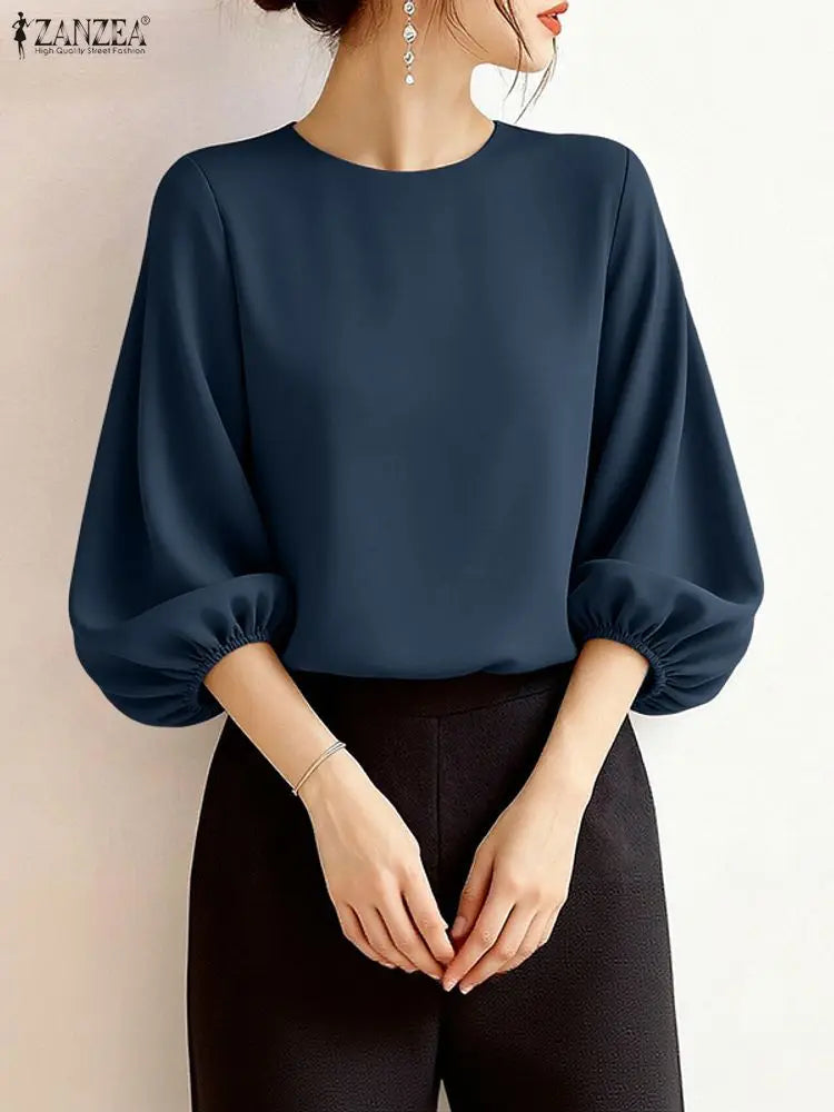 Blusa Feminina Elegante de Manga Lanterna 3/4 em Tecido Sólido para Escritório e Uso Casual Primavera Verão – Le Vie