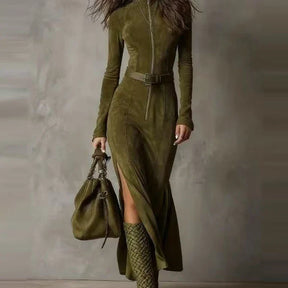 Vestido Longo Feminino Casual O-Pescoço em Camurça com Manga Longa - Lado Split e Cinto Tie-Up - Le Vie