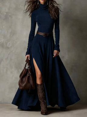 Vestido Feminino Longo de Manga Longa com Gola Alta e Fenda em Malha Premium – Le Vie