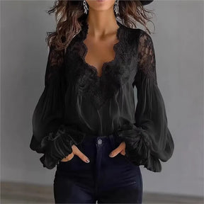 Blusa Feminina com Renda e Manga Bufante Transparente Evasê em Decote V para Primavera e Uso Casual – Le Vie