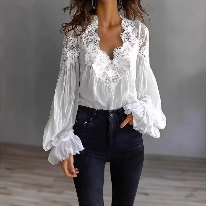 Blusa Feminina com Renda e Manga Bufante Transparente Evasê em Decote V para Primavera e Uso Casual – Le Vie
