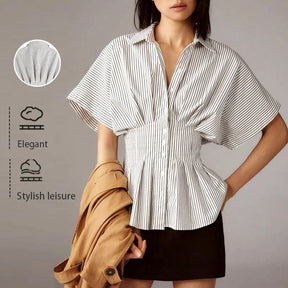Blusa Feminina Listrada Estilo Coreano com Manga Batwing Curta e Lapela para Escritório e Verão – Le Vie