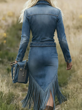 Vestido Feminino Retro Ocidental em Denim Sólido com Franjas e Zíper Slim Fit de Manga Longa – Le Vie