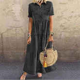 Vestido Chemise Feminino Jeans Midi com Botões e Saia Evasê em Jeans Premium – Le Vie