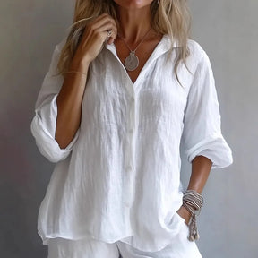 Blusa Feminina Casual de Manga Longa em Linho com Gola Virada e Corte Solto para Verão e Uso Diário – Le Vie