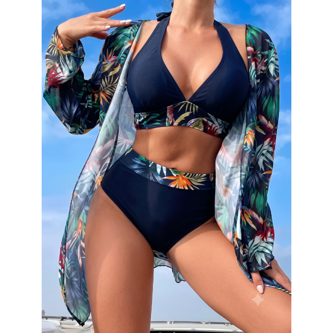 Conjunto de Biquíni Feminino 3 Peças com Saída de Praia Estampada em Poliamida – Le Vie