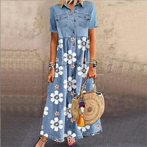 Vestido Chemise Feminino Jeans Midi com Botões e Saia Evasê em Jeans Premium – Le Vie