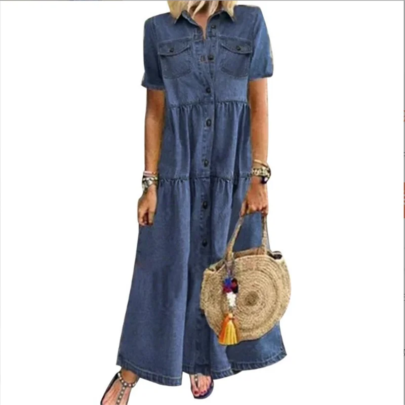 Vestido Chemise Feminino Jeans Midi com Botões e Saia Evasê em Jeans Premium – Le Vie