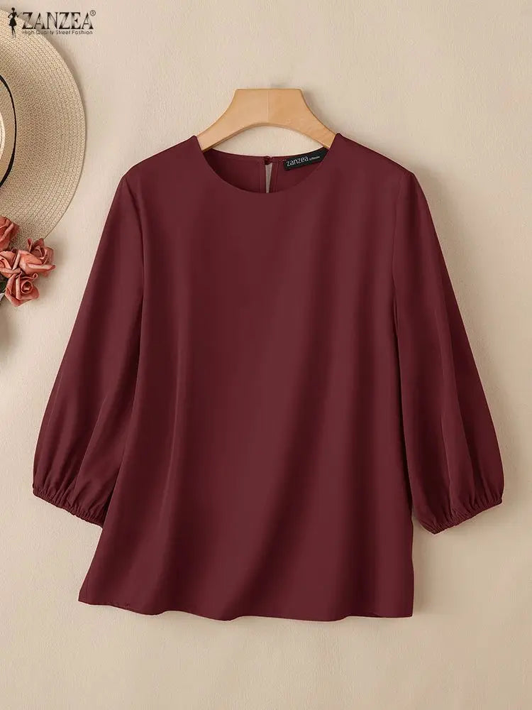 Blusa Feminina Elegante de Manga Lanterna 3/4 em Tecido Sólido para Escritório e Uso Casual Primavera Verão – Le Vie
