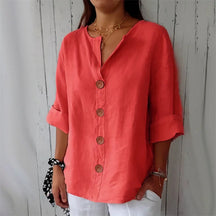 Camisa Feminina Casual Solta de Algodão e Linho com Decote em V e Botões para Escritório e Verão – Le Vie