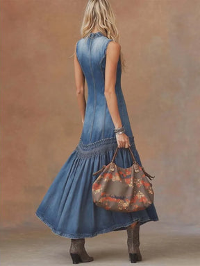Vestido Longo Feminino Vintage em Jeans com Renda Estilo Sereia Sem Mangas para Verão e Férias Urbanas – Le Vie
