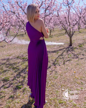 Vestido Longo Assimétrico Plissado de Um Ombro Só – Sofisticação Escultural