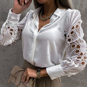 Camisa Feminina Manga Longa em Renda e Cetim – Elegância e Sofisticação