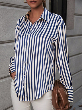 Camisa Feminina Listrada Manga Longa – Estilo Clássico e Versátil