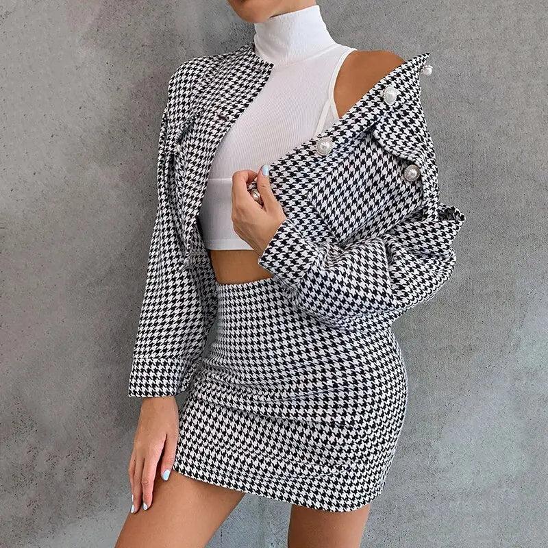 Conjunto Feminino com Casaco Cropped e Saia em Alfaiataria Pied de Poule