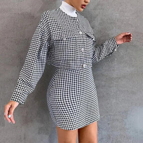 Conjunto Feminino com Casaco Cropped e Saia em Alfaiataria Pied de Poule