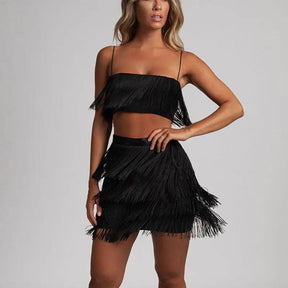 Conjunto Feminino com Franjas – Top Cropped e Saia Curta para Festas e Eventos
