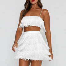 Conjunto Feminino com Franjas – Top Cropped e Saia Curta para Festas e Eventos