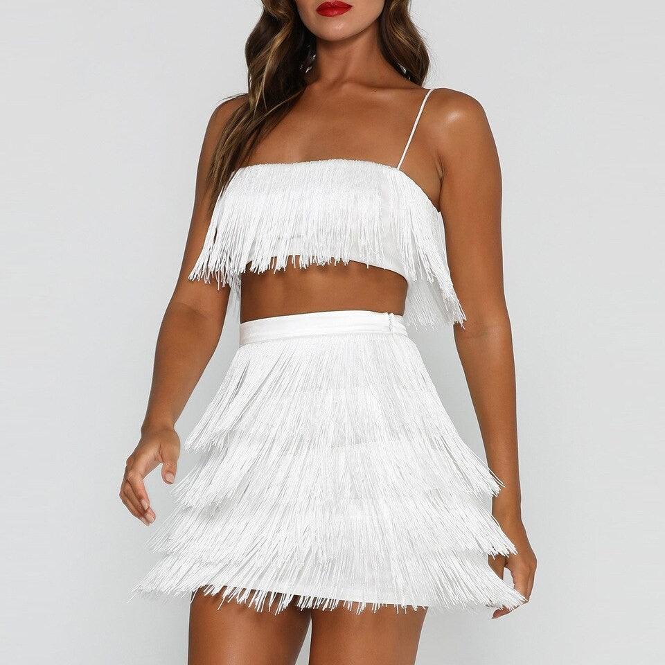 Conjunto Feminino com Franjas – Top Cropped e Saia Curta para Festas e Eventos