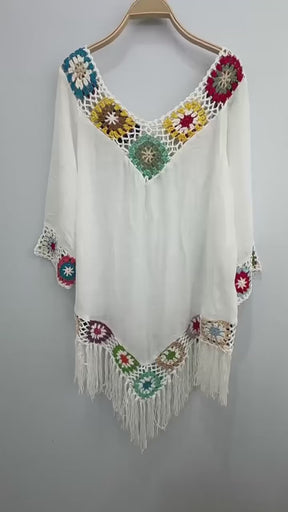 Saída de Praia Feminina em Crochê Branco com Franjas Boho – Le Vie