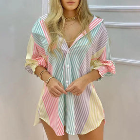 Camisa Feminina Alongada Listrada em Tons Pastel em Tecido Leve – Le Vie