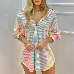 Camisa Feminina Alongada Listrada em Tons Pastel em Tecido Leve – Le Vie